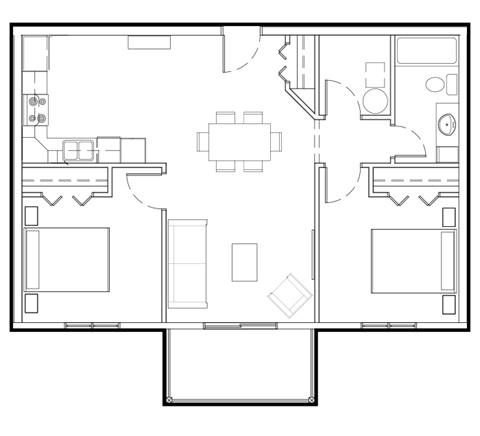 Floor plan for 2 beds, 1 bath, 882 sqft